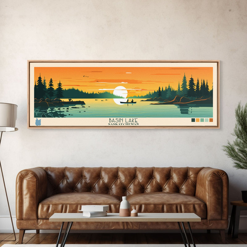 Basin Lake Saskatchewan Framed Canvas Print, Panoramic Wall Art, Midcentury Modern Lake House Decor, Pop Art, Travel Poster, Scenic Living Room Art