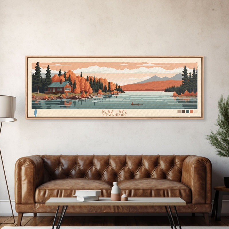 Bear Lake Utah Idaho Framed Canvas Print, Panoramic Travel Poster, Midcentury Modern Wall Art, Pop Art, Nature Living Room Art, Lake House Decor