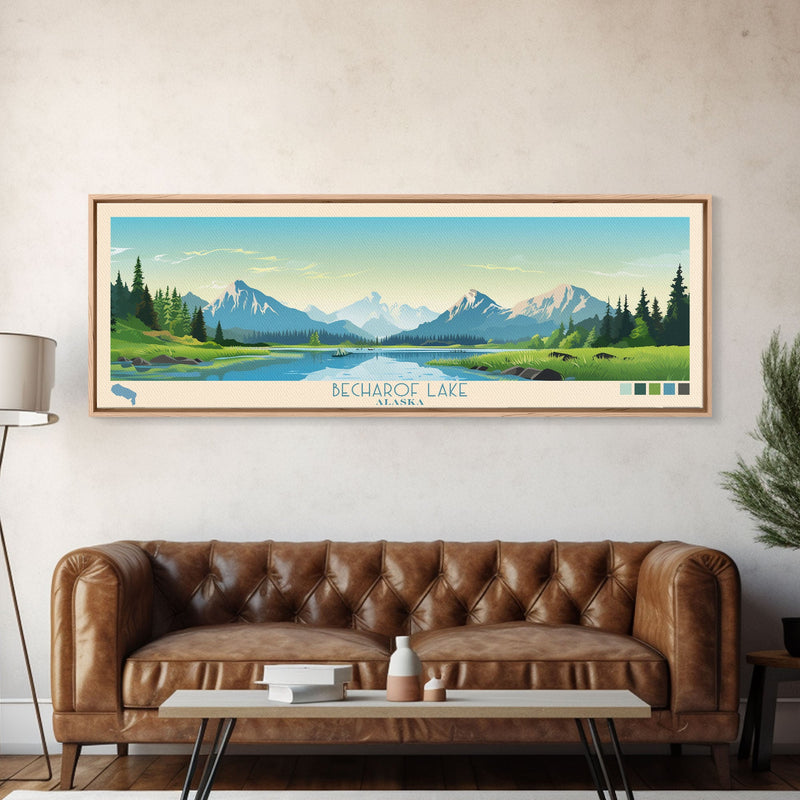 Becharof Lake Alaska Framed Canvas Print, Panoramic Travel Poster, Midcentury Modern Wall Art, Pop Art, Nature Bedroom Art, Living Room Decor