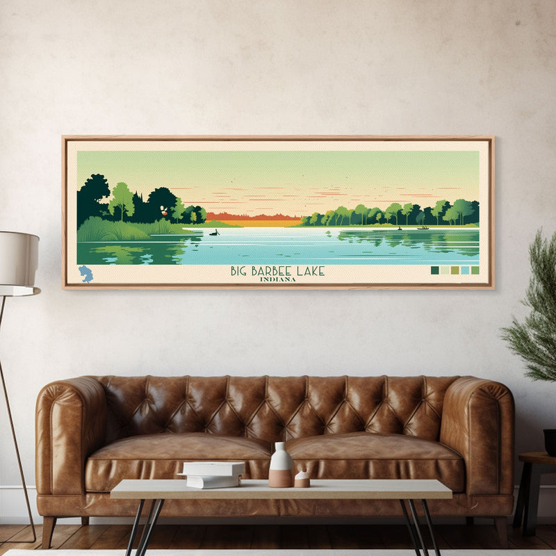 Big Barbee Lake Indiana Framed Canvas Print, Panoramic Travel Poster, Midcentury Modern Wall Art, Pop Art, Nature Living Room Art, Lake House Decor