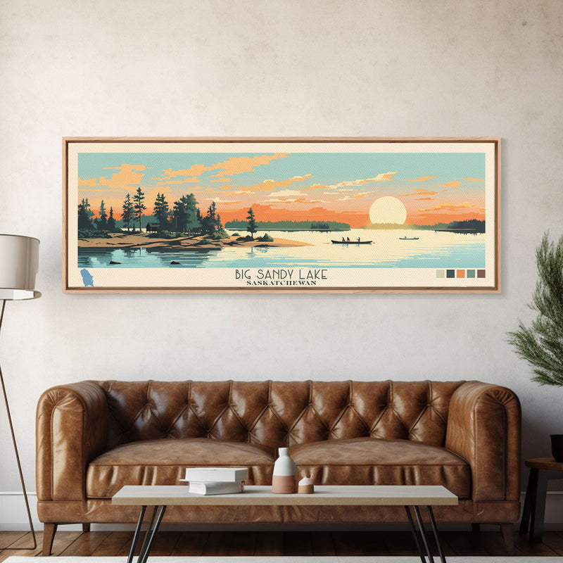 Big Sandy Lake Saskatchewan Framed Canvas Print, Panoramic Travel Poster, Midcentury Modern Wall Art, Pop Art, Lake House Decor, Nature Art