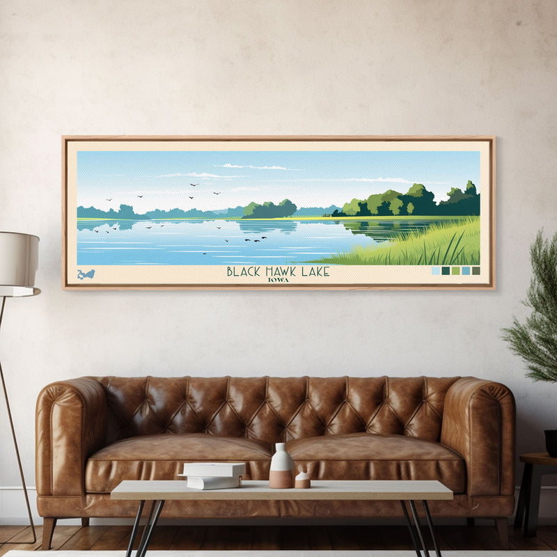 Black Hawk Lake Iowa Framed Canvas Print, Panoramic Travel Poster, Midcentury Modern Wall Art, Pop Art, Nature Bedroom Art, Scenic Lake House Decor