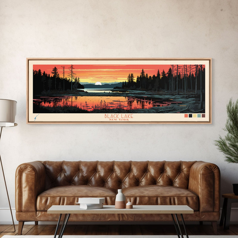 Black Lake New York Framed Canvas Print, Panoramic Wall Art, Midcentury Modern, Pop Art, Travel Poster, Scenic Living Room Art, Lake House Decor