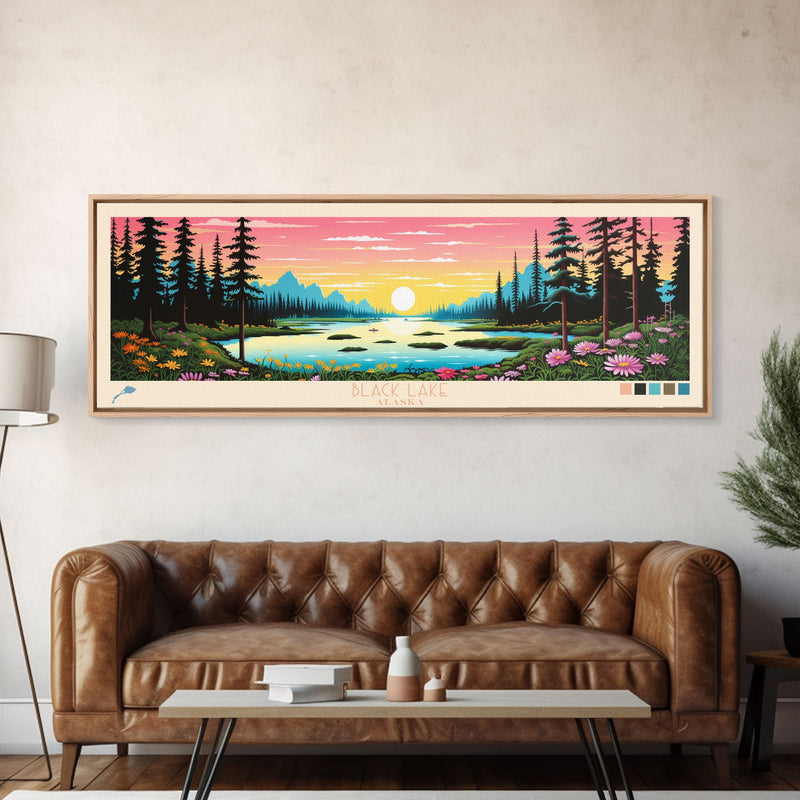 Black Lake Southwest Alaska Framed Canvas Print, Panoramic Travel Poster, Midcentury Modern Wall Art, Pop Art, Nature Bedroom Decor, Scenic Lake House Art