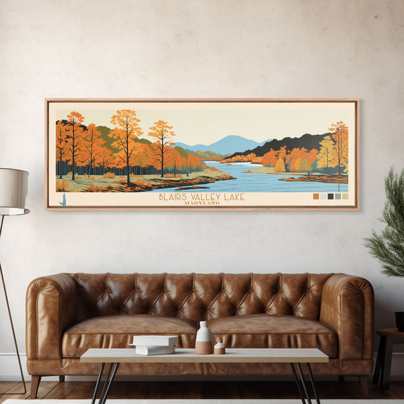 Blairs Valley Lake Maryland Framed Canvas Print, Panoramic Travel Poster, Midcentury Modern Wall Art, Pop Art, Nature Bedroom Art, Scenic Lake House Decor