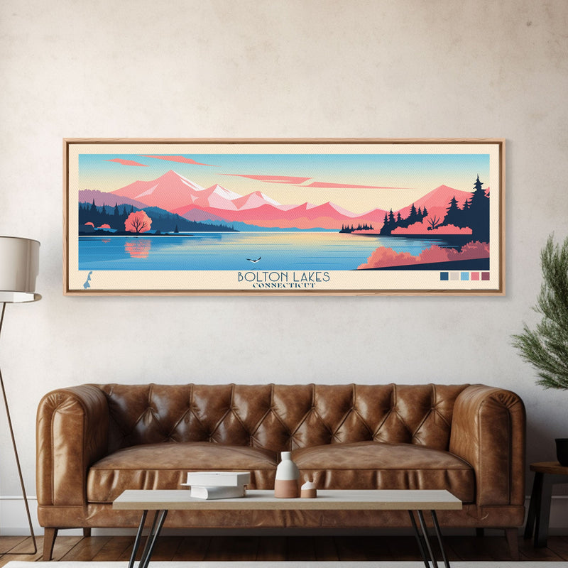 Bolton Lakes Connecticut Framed Canvas Print, Panoramic Wall Art, Midcentury Modern, Pop Art, Travel Poster, Scenic Living Room Art, Lake House Decor