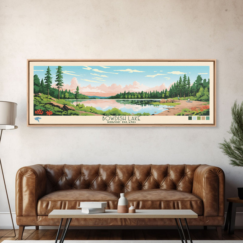 Bowdish Lake Rhode Island Framed Canvas Print, Panoramic Travel Poster, Midcentury Modern Wall Art, Pop Art, Nature Bedroom Decor, Scenic Lake House Art