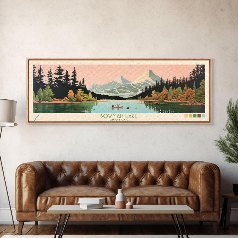 Bowman Lake Montana Framed Canvas Print, Panoramic Wall Art, Midcentury Modern, Pop Art, Travel Poster, Scenic Living Room Art, Lake House Decor