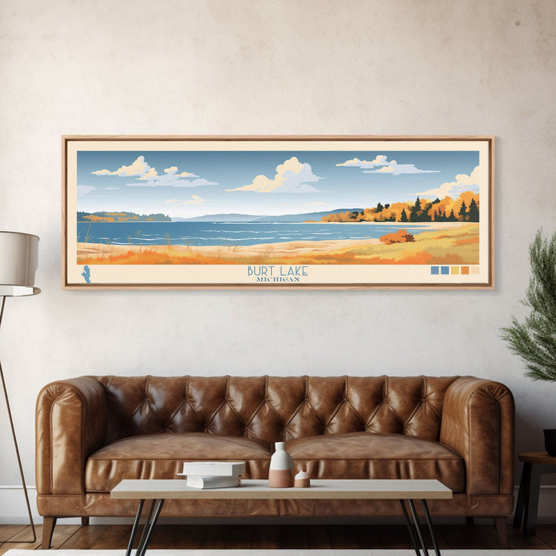 Burt Lake Michigan Framed Canvas Print, Pop Art Panoramic Travel Poster, Midcentury Modern, Wall Art, Scenic Nature Painting, Bedroom Decor