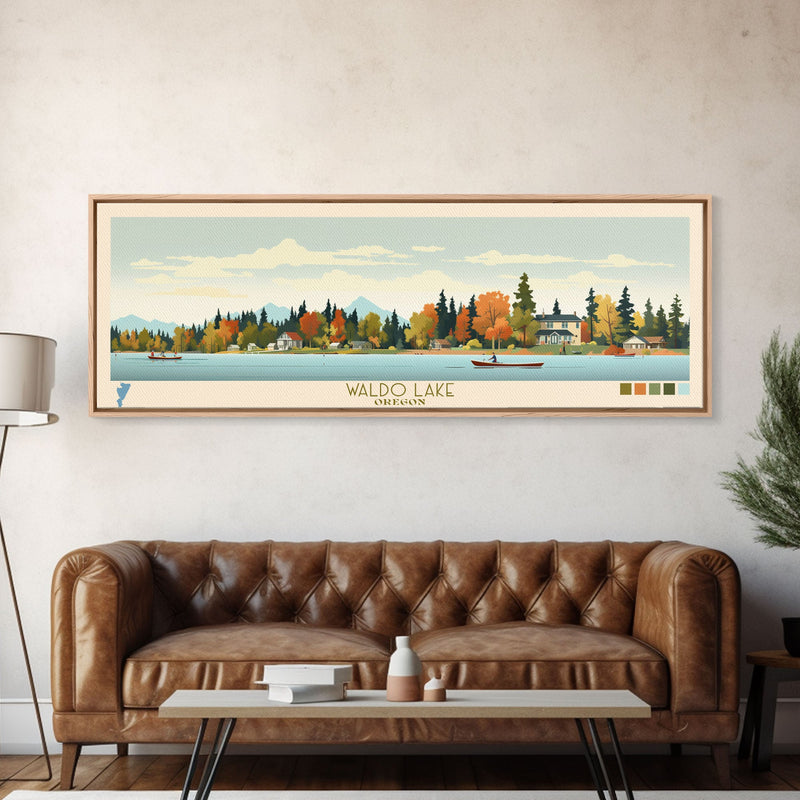 Waldo Lake, Oregon Framed Canvas Print, Panoramic Lake House Art, Midcentury Modern Decor, Pop Art, Travel Poster, Living Room Wall Art