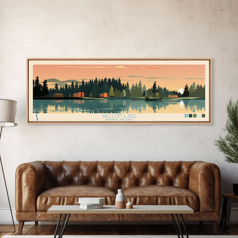 Wallum Lake, Rhode Island Framed Canvas Print, Panoramic Lake House Art, Midcentury Modern Decor, Pop Art, Travel Poster, Living Room Wall Art