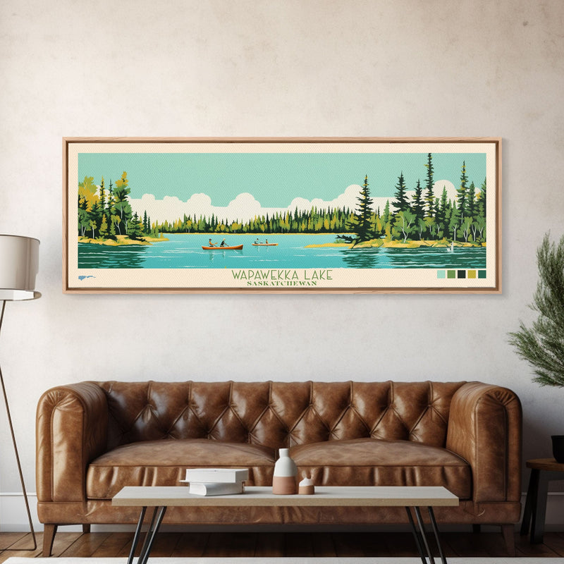 Wapawekka Lake, Saskatchewan Framed Canvas Print, Panoramic Lake House Decor, Midcentury Modern Art, Pop Art, Travel Poster, Bedroom Wall Art