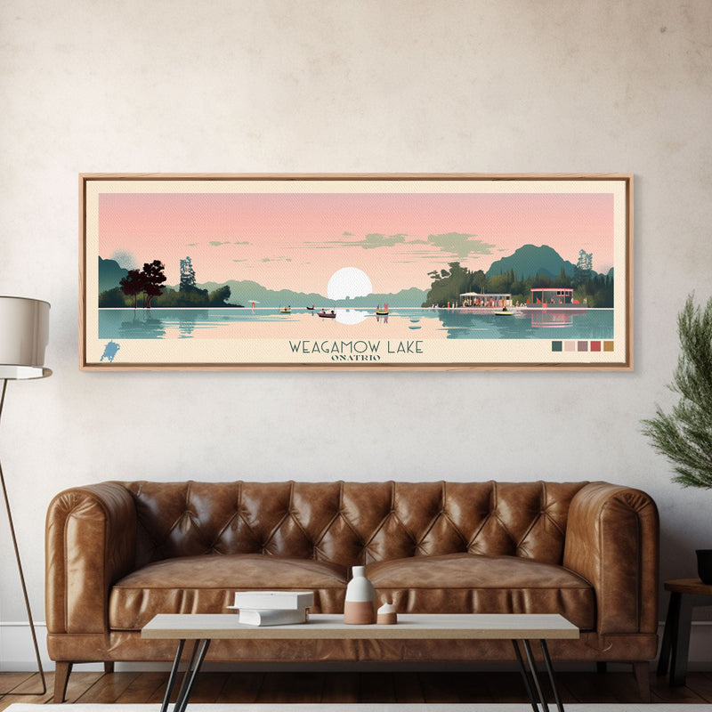 Weagamow Lake, Ontario Panoramic Framed Canvas Print, Lake House Art, Midcentury Modern Decor, Pop Art, Travel Poster, Wall Art