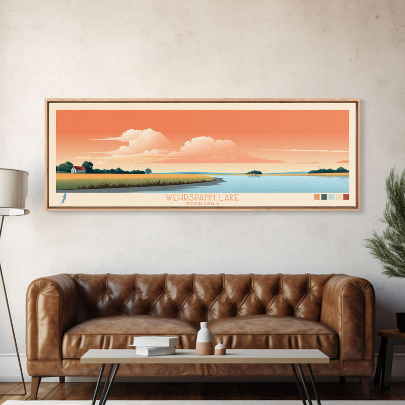 Wehrspann Lake, Nebraska Panoramic Framed Canvas Print, Midcentury Modern Art, Lake House Decor, Pop Art, Travel Poster, Bedroom Wall Art