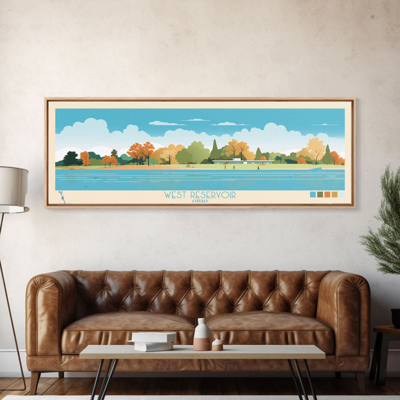 West Reservoir, Ohio Framed Canvas Print, Panoramic Lake House Decor, Midcentury Modern Art, Pop Art, Travel Poster, Living Room Wall Art