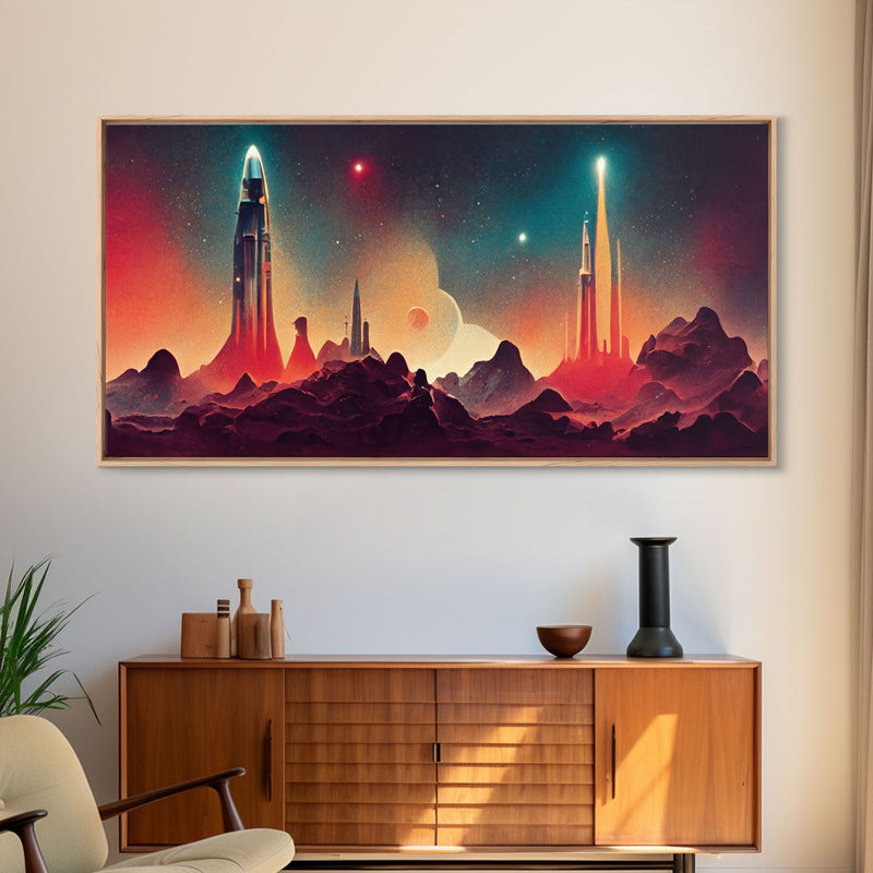 Art deco style space canvas print, space ship art, space art, outrun style, sci-fi themed art print, science fiction, space exploration