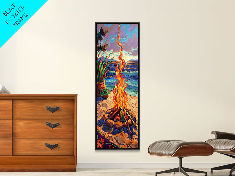 Abstract Canvas Painting of Campfire on Beach, Beachy Wall Art, Tall and Narrow Vertical Wall Art, Canvas Painting Printed and Framed