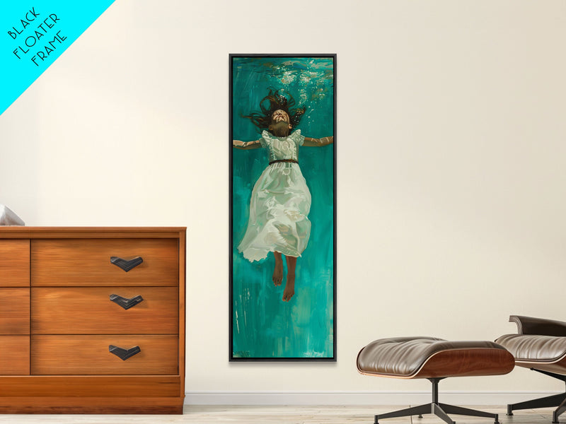 Abstract Modern Canvas Art of Woman Underwater, Ocean Wall Art, Coastal Wall Art Print, Oversized Tall and Narrow Canvas Art