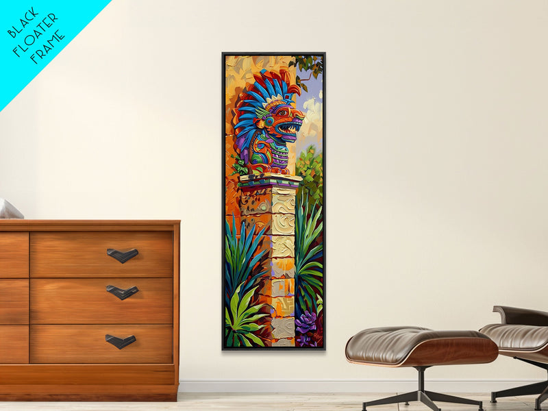 Aztec Inspired Canvas Painting Framed and Printed, Long Narrow Wall Art for Large Space, Beach House Wall Art, Tropical Wall Art Print