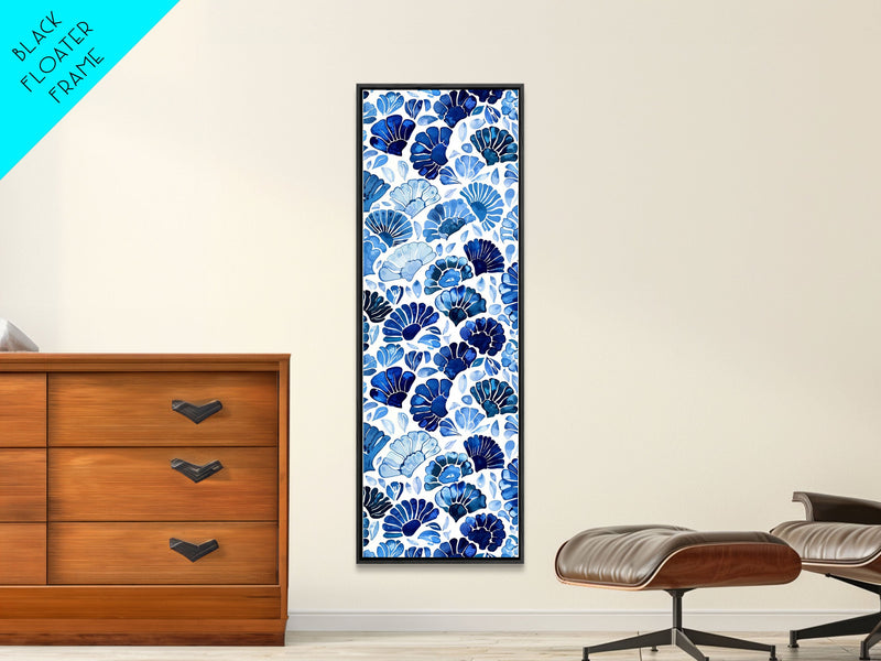 Blue and White Floral Pattern on White Background - Framed Canvas Print, Boho Art, Skinny Art, Tall Art, Midcentury Modern Art, Bedroom Wall Decor