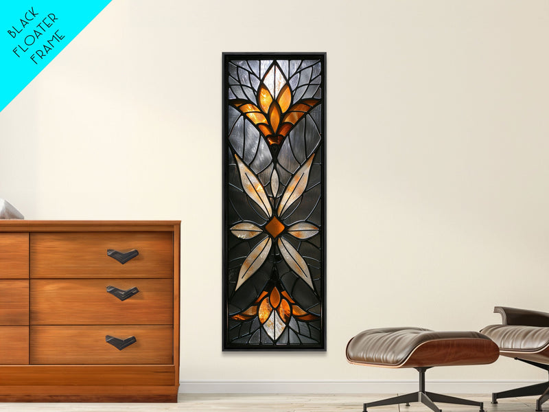 Amber and White Stained Glass Floral Design - Framed Canvas Print, Midcentury Modern Art, Skinny Art, Tall Art, Living Room Wall Decor, Boho Art