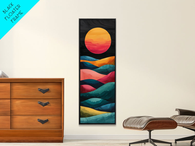 Abstract Sunset Over Hills Midcentury Modern Art - Framed Canvas Print, Boho Art, Skinny Art, Living Room Art, Bedroom Decor, Minimalist Landscape