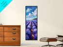 Expansive Lavender Fields Under a Bright Sky, Skinny and Tall Art, Bold Framed Canvas Print, Landscape Wall Art