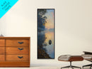Calm River Reflection with a Lone Boat, Skinny and Tall Art, Serene Landscape Framed Canvas Print, Tranquil Wall Art