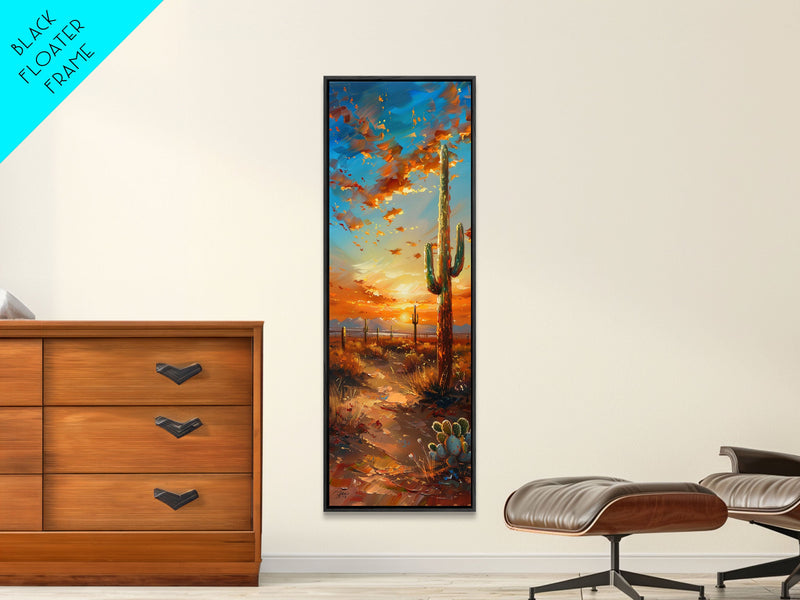 Arizona Desert Landscape with Saguaro Cactus at Sunset on a Framed Canvas Print Skinny Art Piece