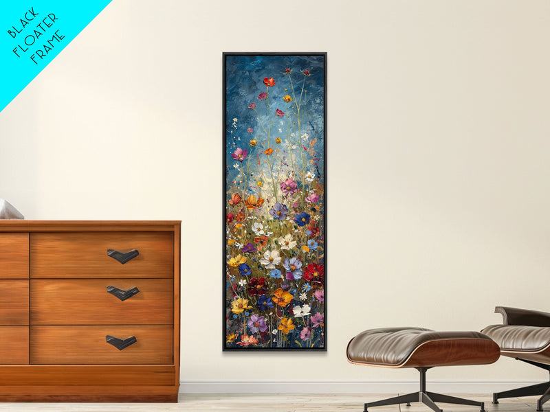 Wildflowers Blooming Against a Dramatic Sky in a Lush Meadow on a Framed Canvas Print Tall Art Piece