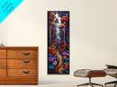 Fantasy Forest Pathway with Giant Mushrooms as Tall Skinny Art Framed Canvas Print for Whimsical Wall Decor in Unique Spaces