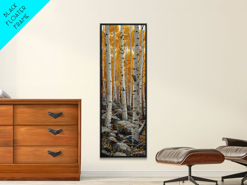 Birch Tree Forest, Framed Canvas Print, Skinny / Tall Wall Art, Living Room Decor, Landscape Painting, Nature Decor