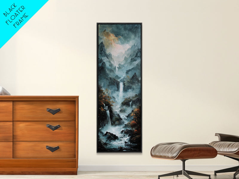 Waterfalls Against A Dark Mountain Landscape, Framed Canvas Print, Wood Frame Wall Art, Unique Decor, Farmhouse Wall Art, Tall / Skinny Wall Art