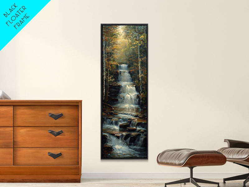 Beautiful Stream Cascading Waterfalls In The Forest at Golden Hour, Framed Canvas Print, Boho Style Landscape Painting Print