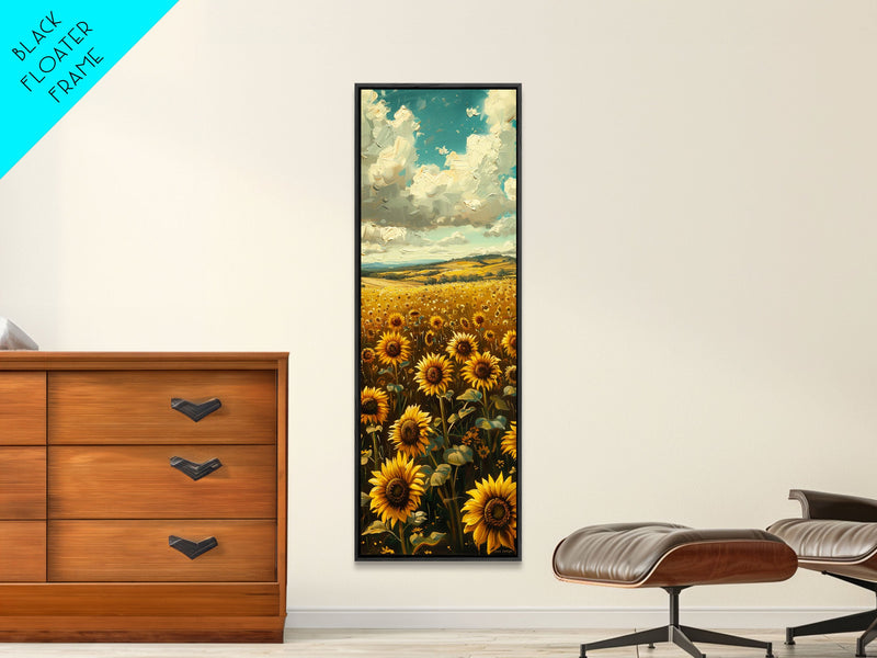 Bright Sunflowers Field Warm Countryside Farmhouse Wall Art Framed Canvas Print Tall Art Ukiyo-e Japanese Style Art