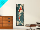 Serene Koi Fish Swimming in Deep Blue Water with Red Accents on Tall Vertical Japanese-Inspired Canvas Print