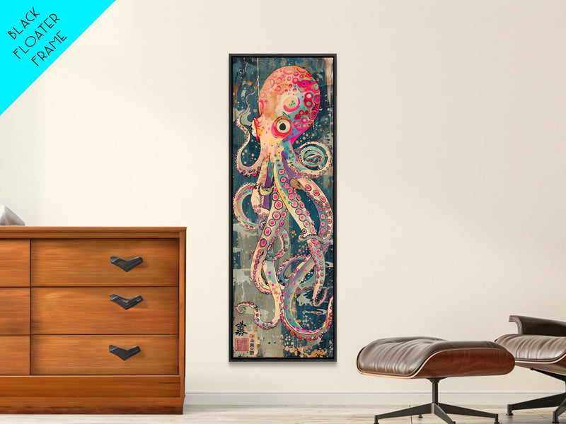 Vibrant Octopus Art in Bold Colors on Tall Vertical Canvas Print Featuring Japanese-Inspired Marine Life Design