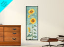 Japanese Skinny Art of Sunflowers with Golden Petals and Verdant Stems on a Pastel Blue Background – Framed Canvas Print