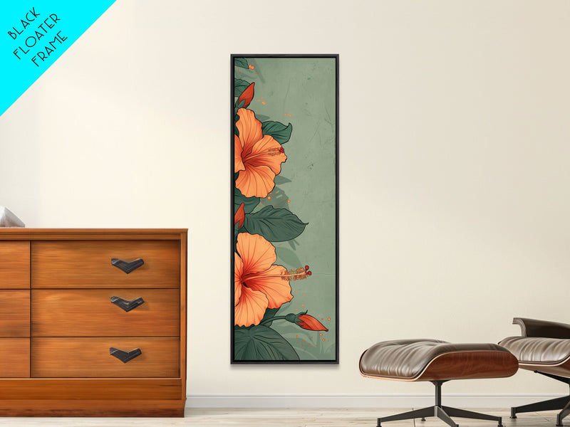 Bright Hibiscus Flowers Ukiyo-e Inspired Art, Framed Canvas Print Ideal for Tall Skinny Spaces, Japanese Floral Design