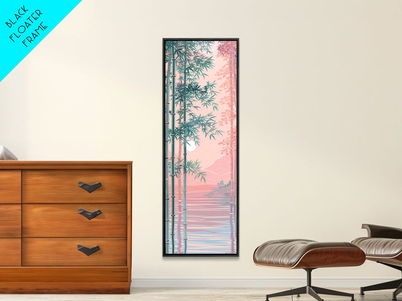 Bamboo Forest, Soft Pink Light, Japanese Art, Skinny Art, Tall Art, Framed Canvas Print, Ukiyo-e Style