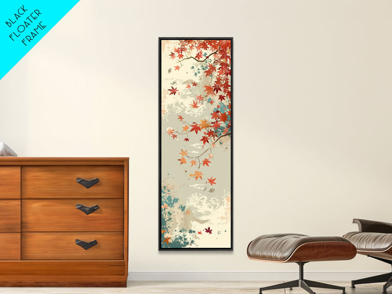 Autumn Maple Leaves in Japanese Garden Ukiyo-e Style Art Skinny Framed Canvas Print with Subtle Color Palette