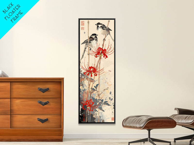 Blossoming Pink Flowers Bold Red Accents Skinny Art Tall Art Framed Canvas Print Japanese Style Art Ukiyo-e Art Wood Block Print Feminine