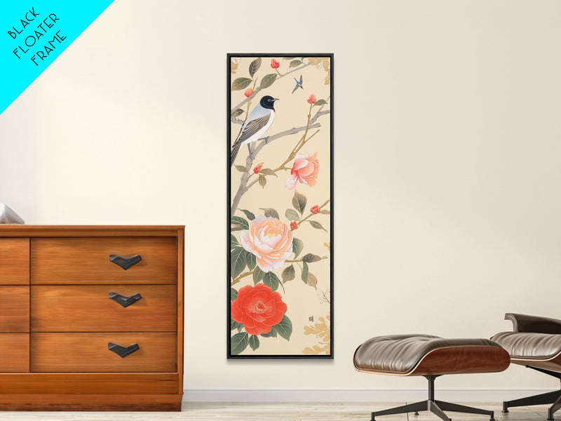 Bird On Branch With Red Peonies And Green Leaves Tall Art Skinny Art Framed Canvas Print Japanese Style Art Ukiyo-e Wood Block Print