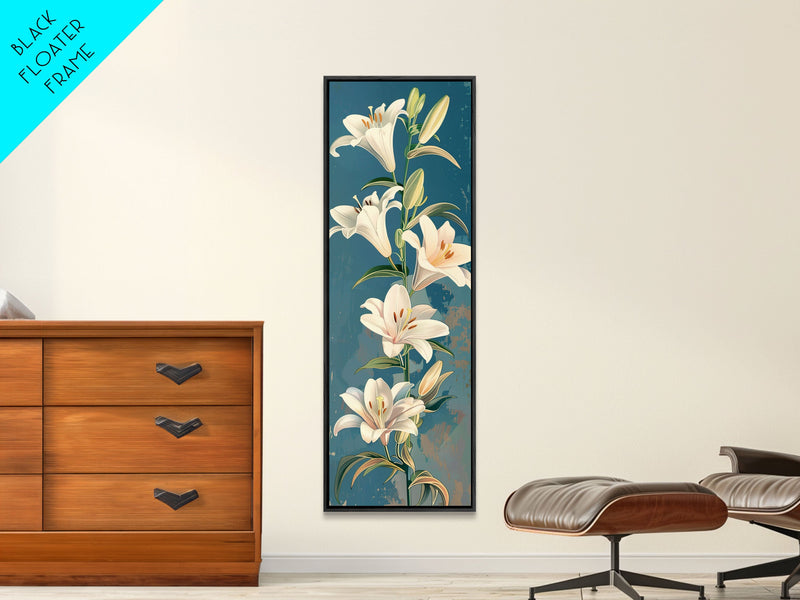 White Lilies On Green Stems Against Faded Blue Background Tall Art Skinny Art Framed Canvas Print Japanese Style Art Ukiyo-e Wood Block Print