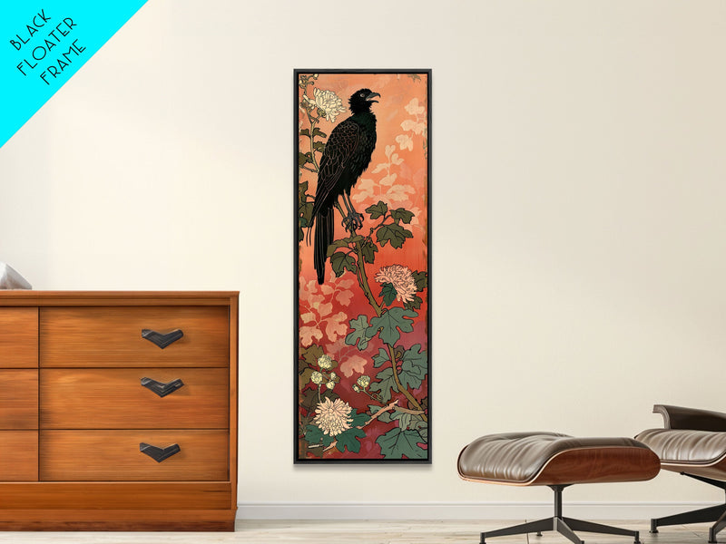 Black Bird On Flowering Branch With Orange Background Tall Art Skinny Art Framed Canvas Print Japanese Style Art Ukiyo-e Wood Block Print