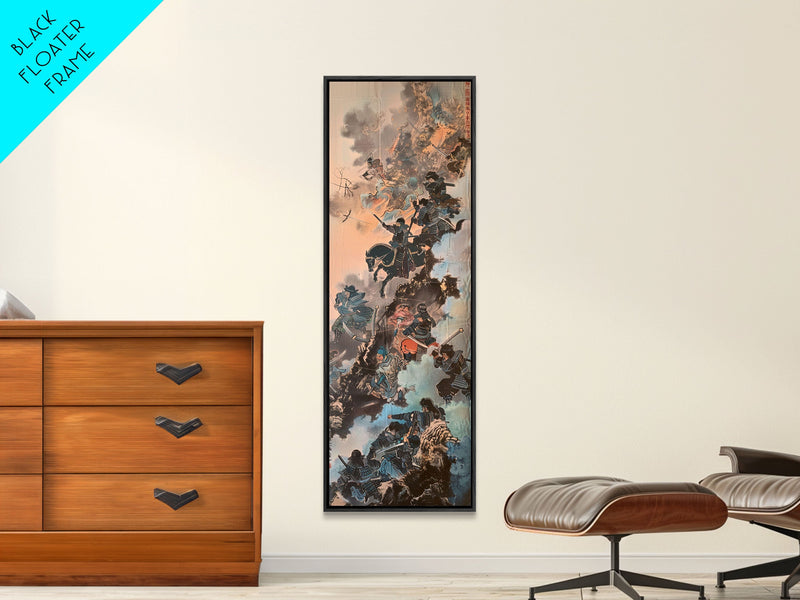 Warriors In A Dynamic Battle Scene With A Dramatic Sky And Fiery Background, Tall Skinny Art Wall Art Framed Canvas Print Japanese Style Art