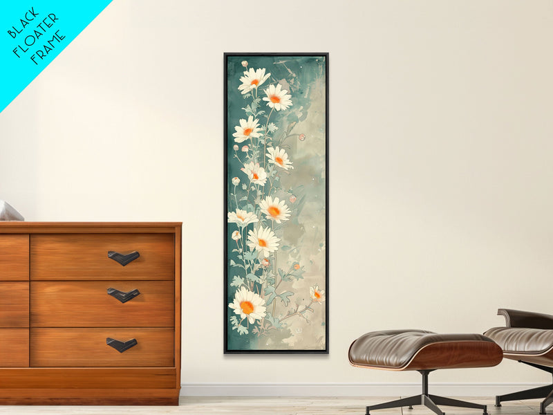 White Daisies With Orange Centers On A Soft Blue-Green Background, Skinny Art Tall Wall Art Framed Canvas Print Japanese Style Art