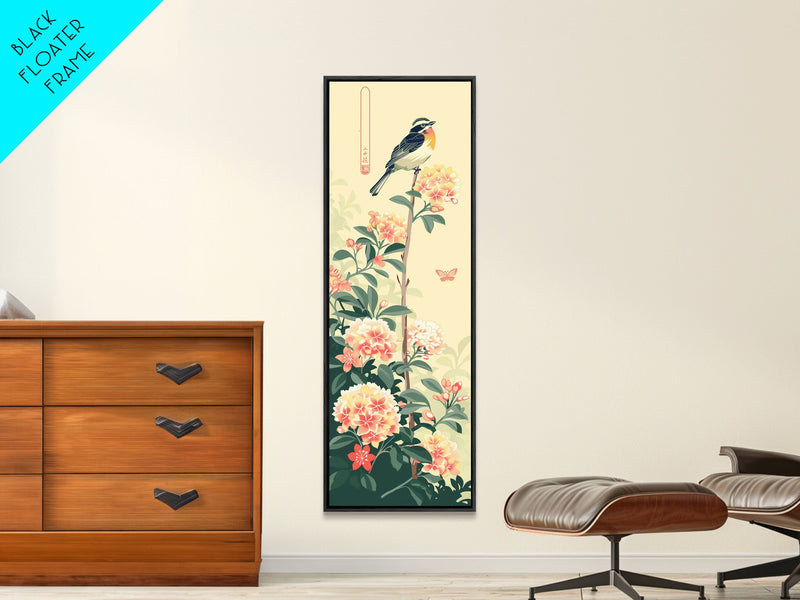 Bird Perched On Floral Branch With Butterfly Ukiyo-e Art Framed Canvas Print Japanese Style Tall Art Wood Block Print Skinny Art