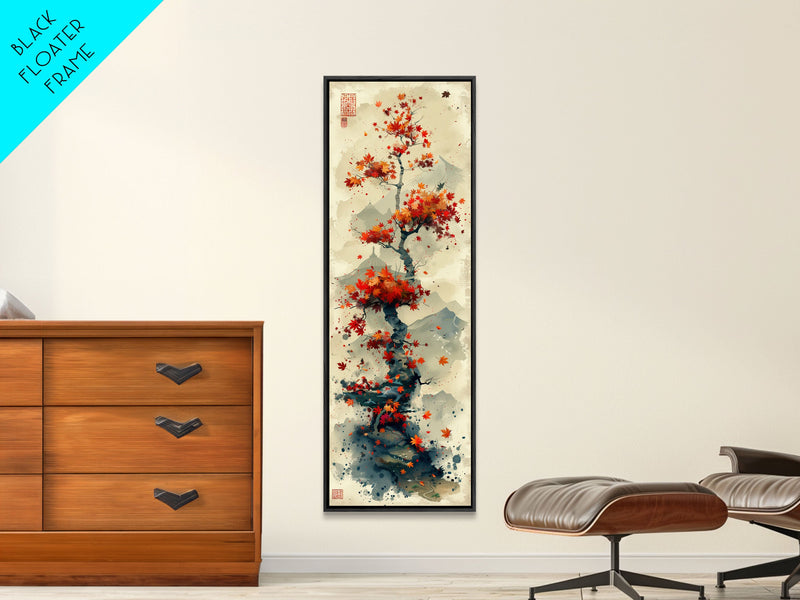 Autumn Bonsai Tree Traditional Japanese Style Nature Art On Framed Canvas Print In Ukiyo-e Art Design Tall Skinny Wood Block Wall Decor