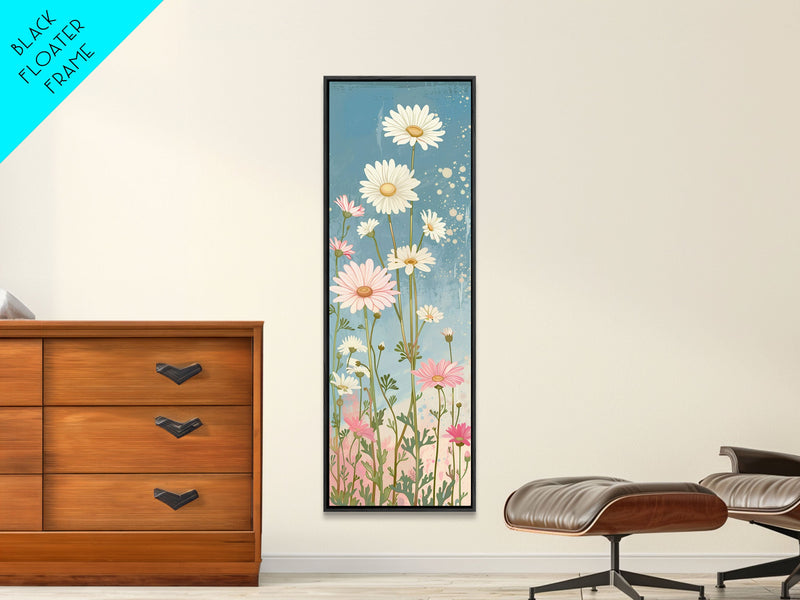 White Daisies Blossoms Japanese Tall Wall Art Blue Background Skinny Framed Canvas Print Ukiyo-e Style